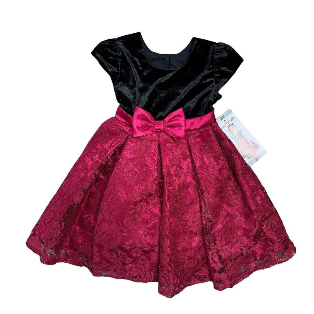 JONA MICHELLE Black Velvet Red Lace Holiday Sparkle Dress Bow Girls Size 3T